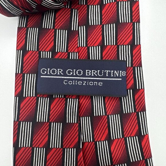 Giorgio Brutini 100% Silk Tie Red Black White Checkered Stripes Geometric - Picture 2 of 7